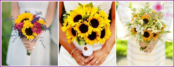 Kleine zonnebloemen in een bruidsboeket