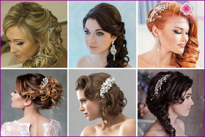 Curls of the bride decorated with a crest