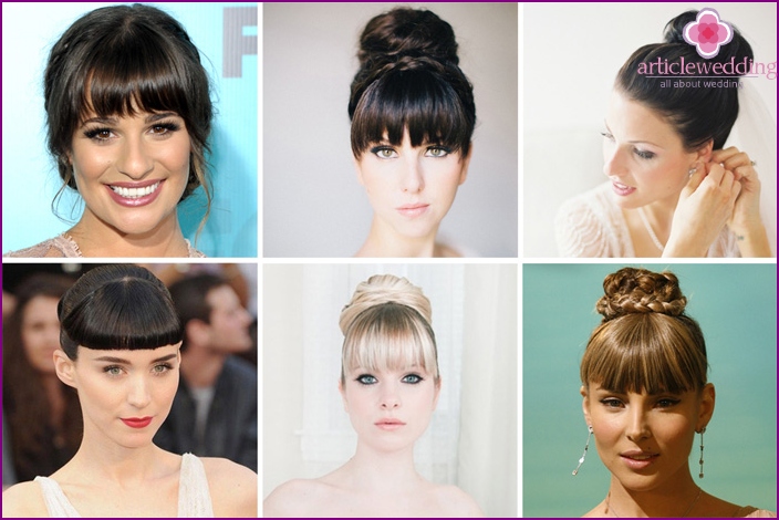 Wedding hairstyle with bun and straight bangs