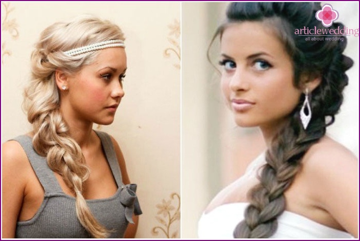 The image of the bride and groom: original braids and loose-falling strands