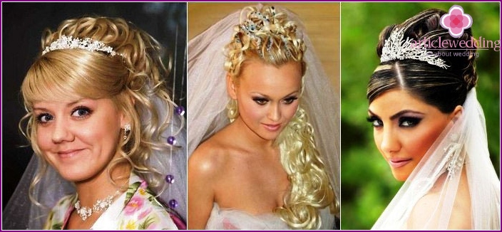 Wedding hairstyle of long haired brides: diadem and veil