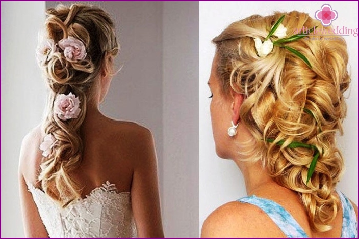 Hairstyle for long-haired brides with fresh flowers