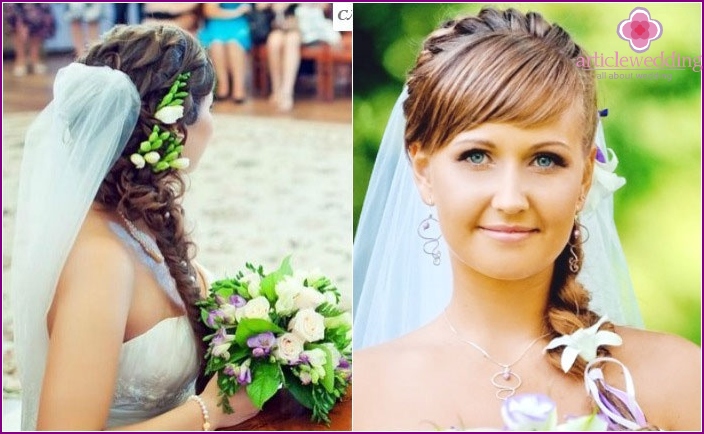 Long haired bride: braided hairstyle and veil