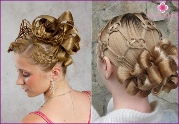 Original hairstyles of the bride with letters and weaving