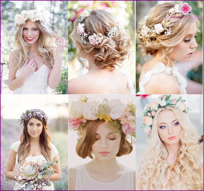 Examples of wedding hairstyles with a wreath