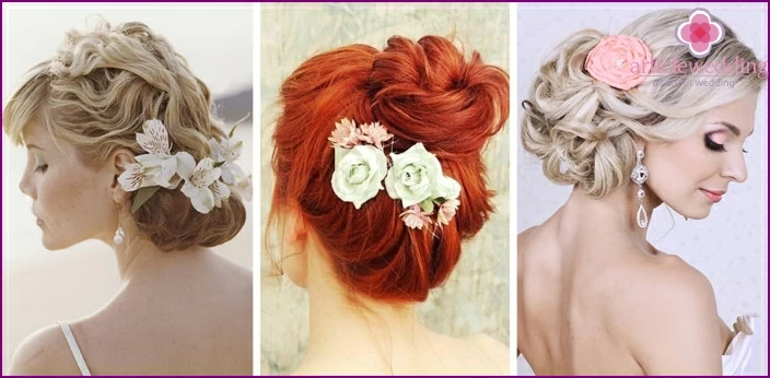 Hairstyle bun with flower side view