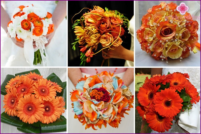 The combination of an orange bouquet with a bridal veil