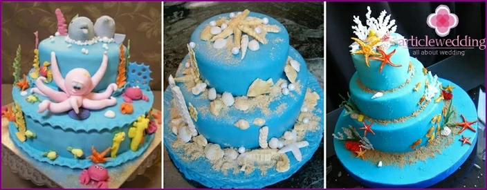 Cake with edible statuettes of marine inhabitants