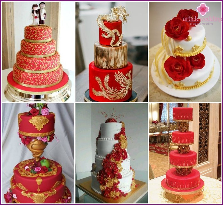 Bolo de casamento vermelho e dourado