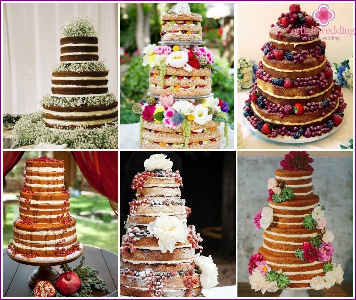 A variety of options for naked cakes for the wedding ceremony