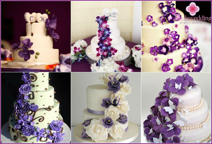 Décoration d'un dessert violet pour un mariage avec des fleurs