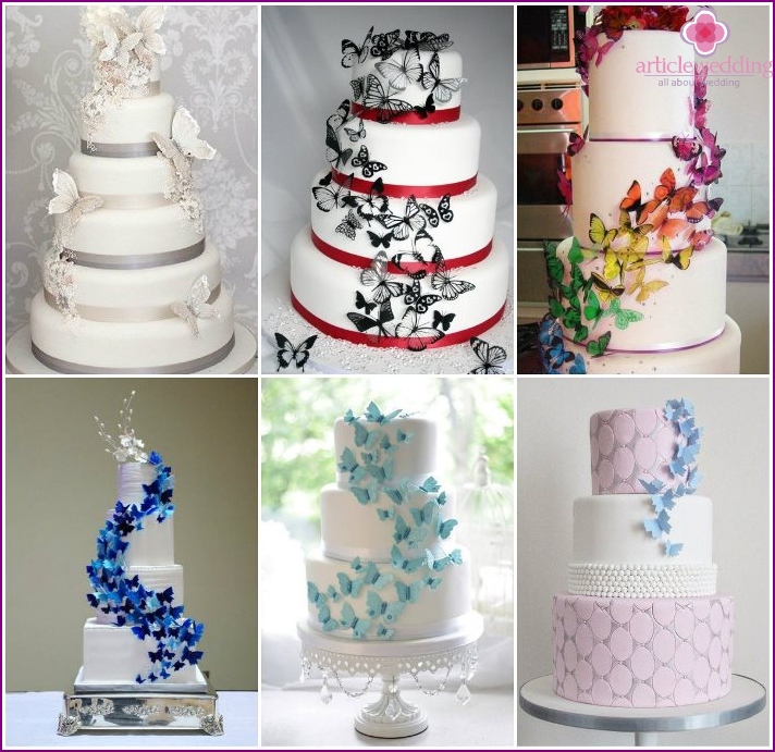 Wedding cake decorated with a cascade of butterflies