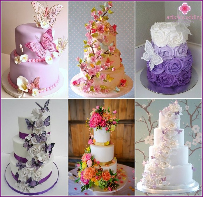 Wedding cake decorated with butterflies and flowers.