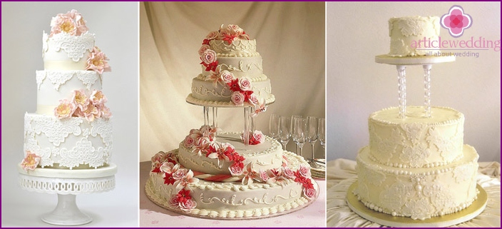 Three-tier lace cake on a stand