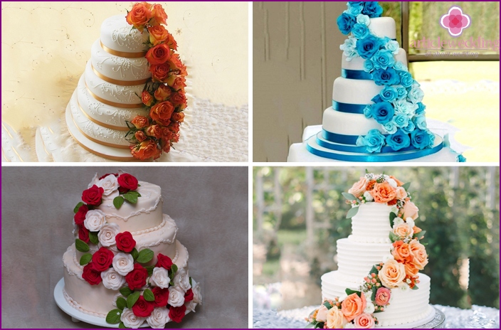 Wedding cake with a cascade of roses